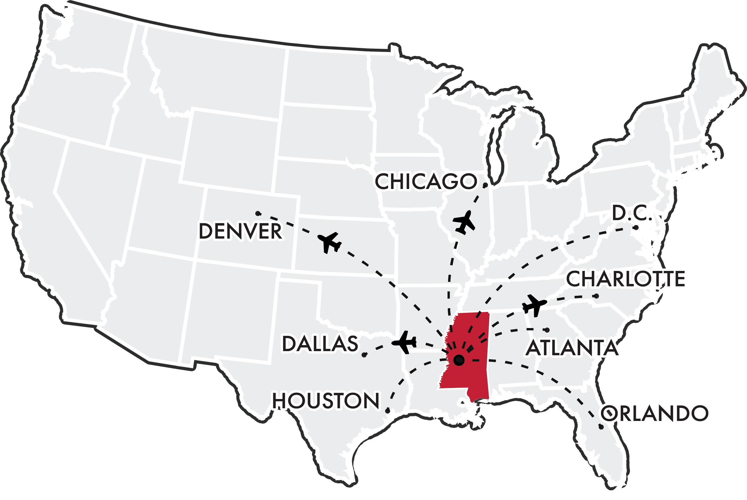 Flight Map from Jackson, Mississippi.